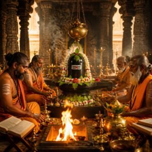 Priests performing Mahamrityunjaya Jaap before Lord Shiva at Baba Baidyanath Dham Temple in Deoghar.